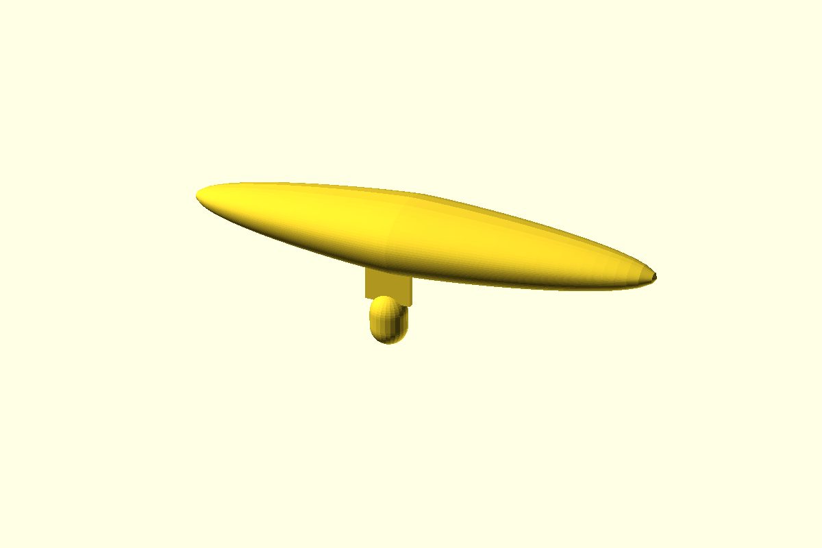 Isometric render of the Rose Mk2 hull: a slender 1.2 m lens-shaped shell with a fixed keel fin and a ballast bulb at its tip, lofted directly from the winning parameters of a 17,500-candidate hull-form search.